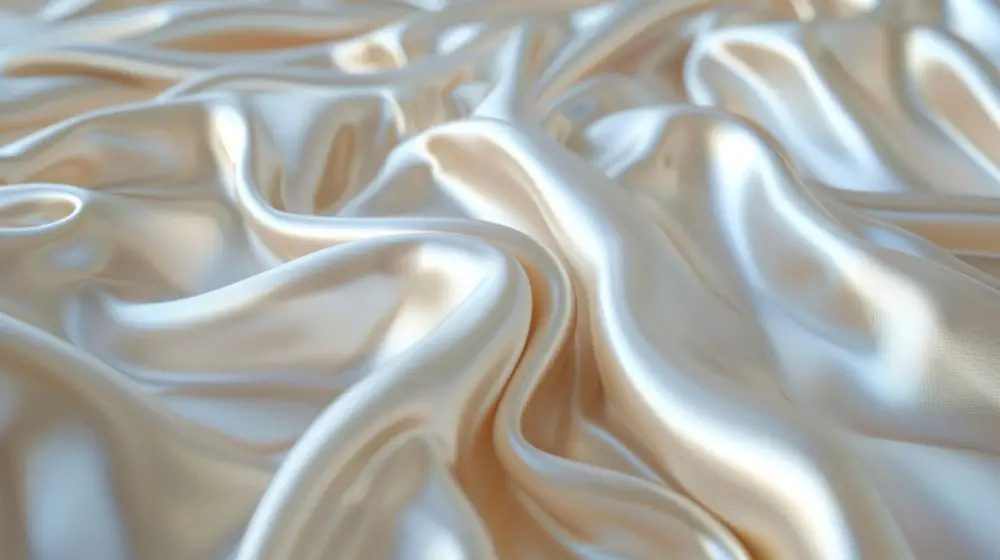 Close up of glossy champagne charmeuse fabric with soft folds and a luxurious sheen