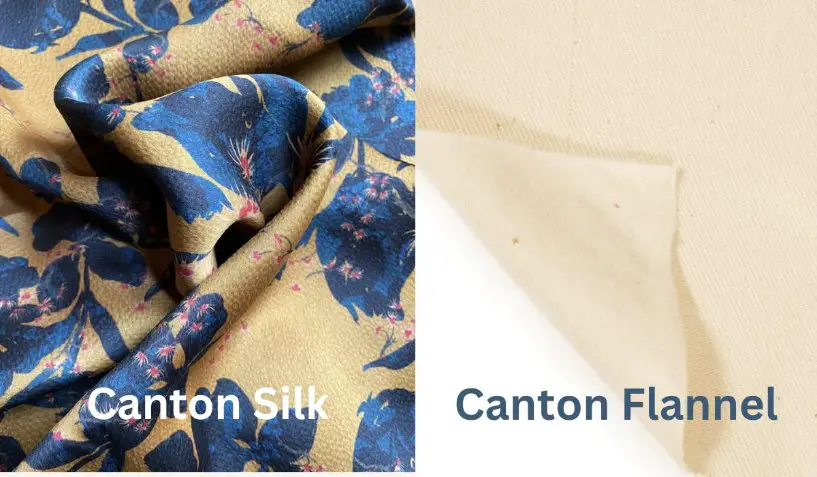 Comparison image showing textured Canton silk with a floral print next to soft beige Canton flannel fabric