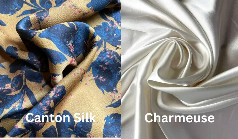 Side by side comparison of textured Canton silk fabric and smooth white silk charmeuse