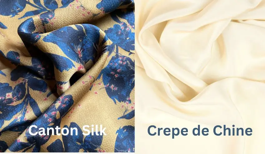 Side by side comparison of Canton silk fabric and soft cream colored crepe de Chine