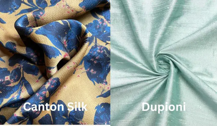Side by side image comparing Canton silk with light green dupioni silk