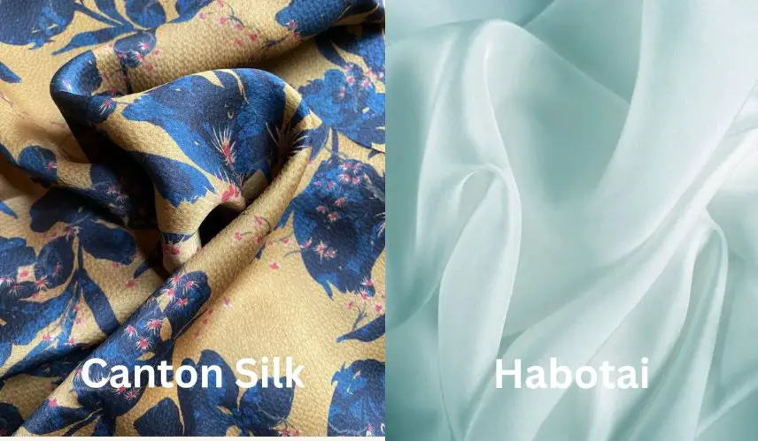 Side by side image comparing Canton silk with lightweight pale blue habotai silk