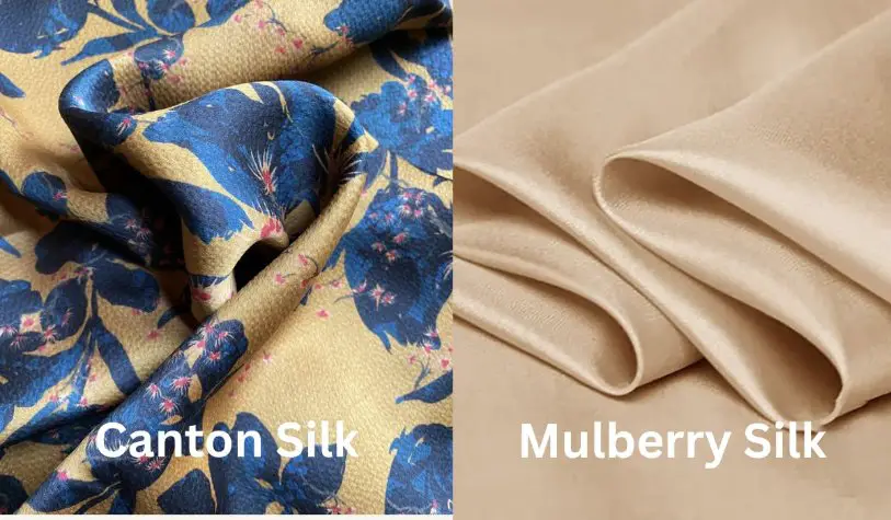 Comparison of floral printed Canton silk and smooth beige mulberry silk fabric