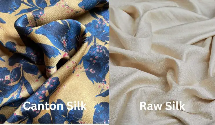 Side by side comparison of floral Canton silk fabric and beige raw silk showing texture and weave differences
