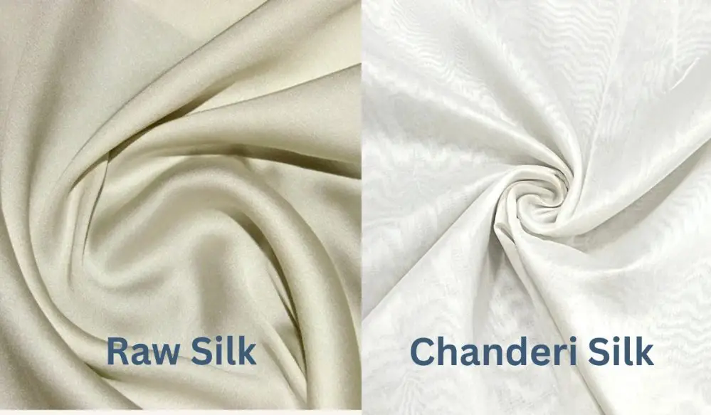 Side by side comparison of raw silk and Chanderi silk showing differences in weave and sheen