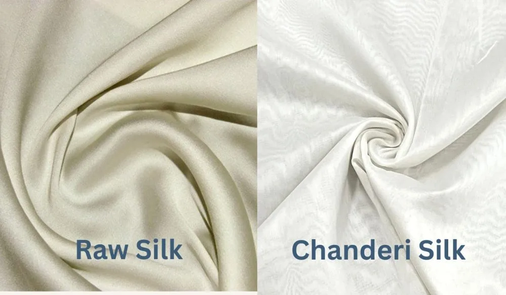 Side by side comparison of raw silk and Chanderi silk showing differences in weave and sheen