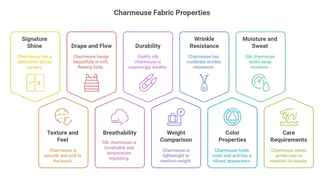 Infographic showing key charmeuse fabric properties including shine, drape, durability, breathability, and care requirements