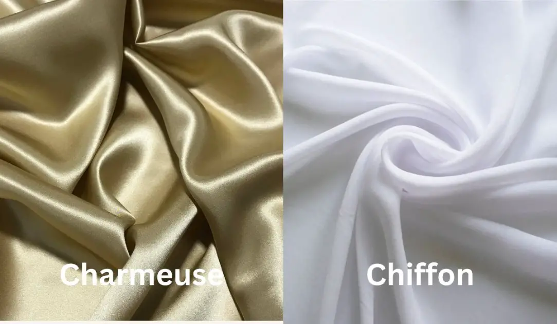 Side by side comparison of charmeuse and chiffon fabrics showing charmeuse with a glossy surface and chiffon with a soft, matte, translucent texture