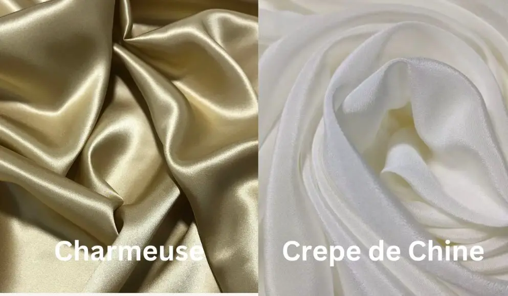Side by side comparison of charmeuse and Crepe de Chine fabrics showing the difference between charmeuse shine and the matte crepe texture of Crepe de Chine