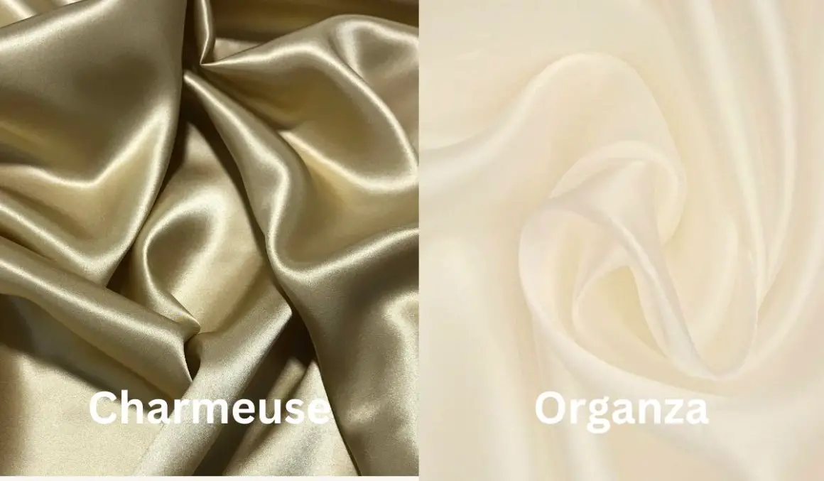 Side by side comparison of charmeuse and organza fabrics showing charmeuse with a glossy drape and organza with a sheer structured finish