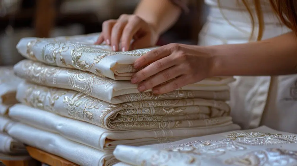 Hands folding stacks of embroidered brocade fabric in cream and gold