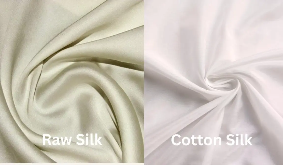 Side by side comparison of raw silk and cotton silk showing texture, color, and drape differences