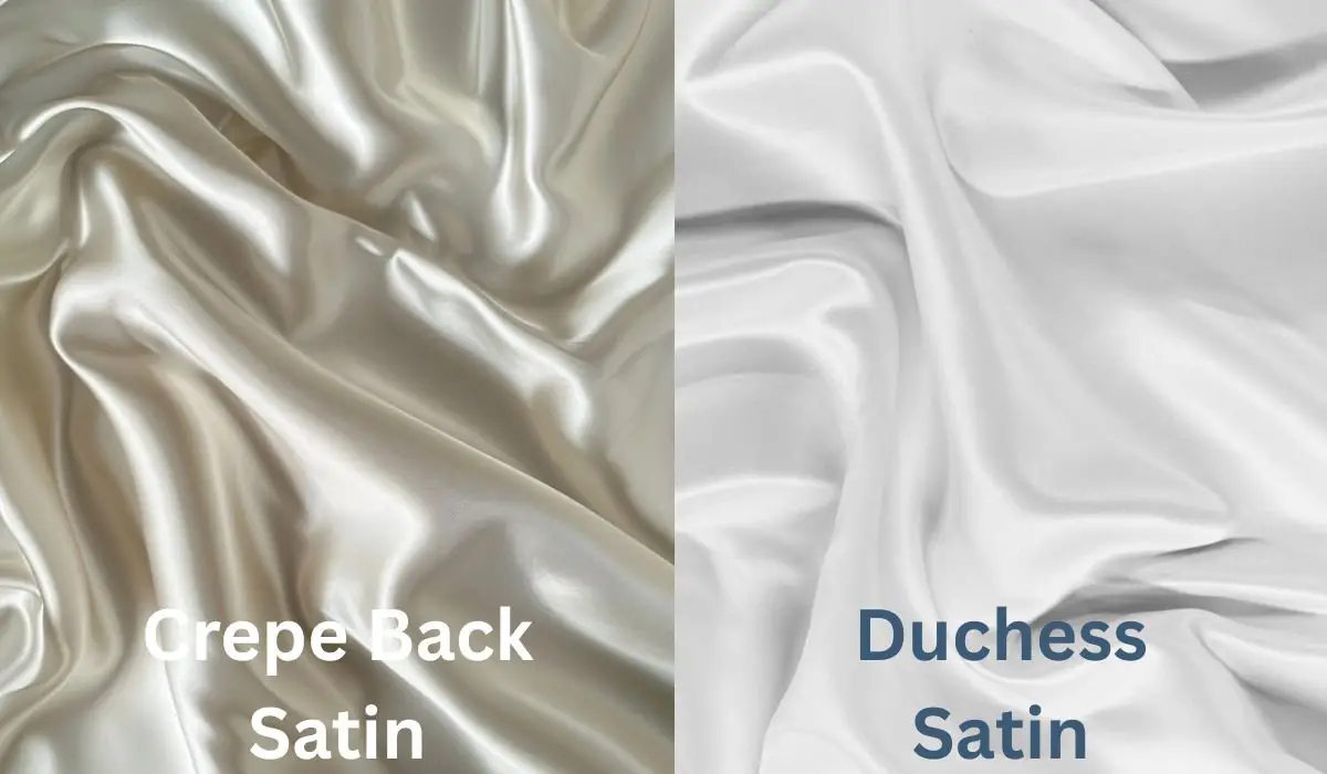Visual comparison of crepe back satin and duchess satin fabrics arranged in folds to show texture and finish
