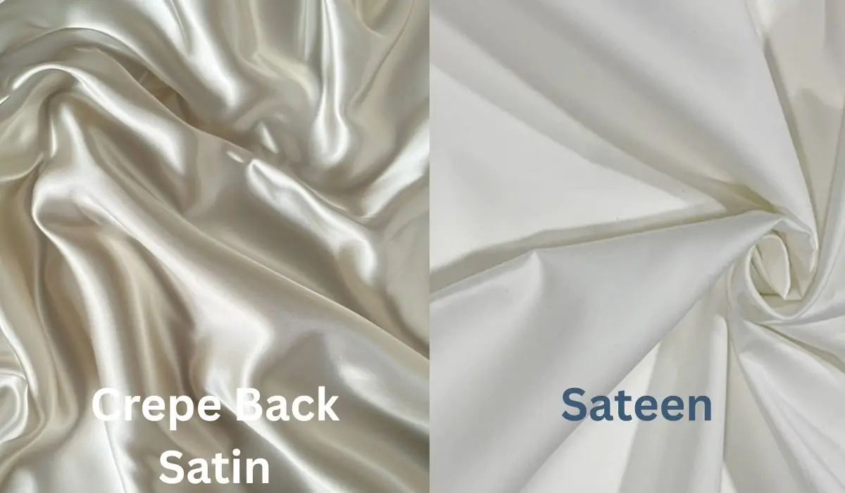 Side-by-side display of crepe back satin and sateen fabrics showing contrast in shine and structure