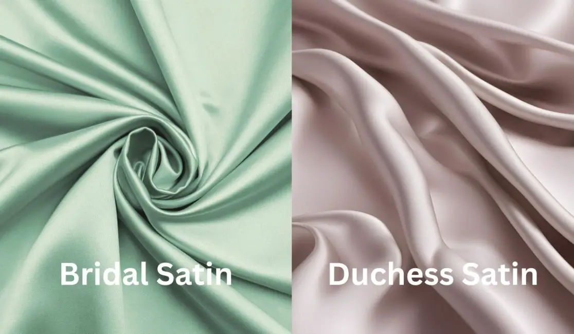 Side by side comparison of mint bridal satin and blush duchess satin fabrics