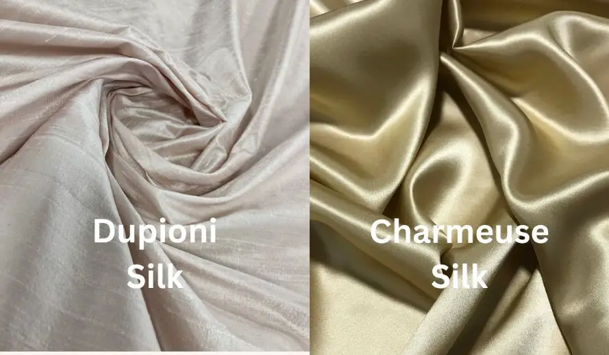 Dupioni silk fabric compared side by side with charmeuse silk fabric showing texture and sheen differences