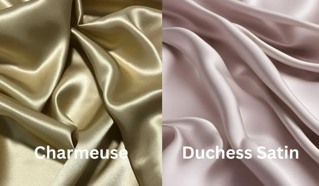 Side by side comparison of gold charmeuse satin and blush duchess satin fabrics