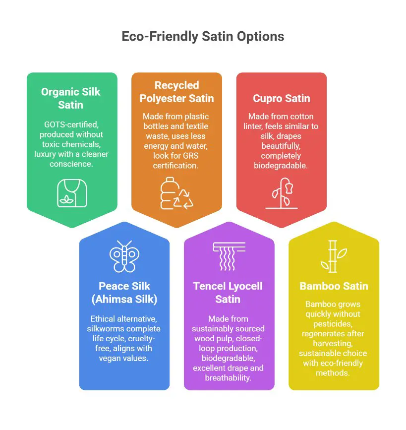 Infographic showing eco friendly satin options including organic silk, recycled polyester, cupro, peace silk, Tencel lyocell, and bamboo satin