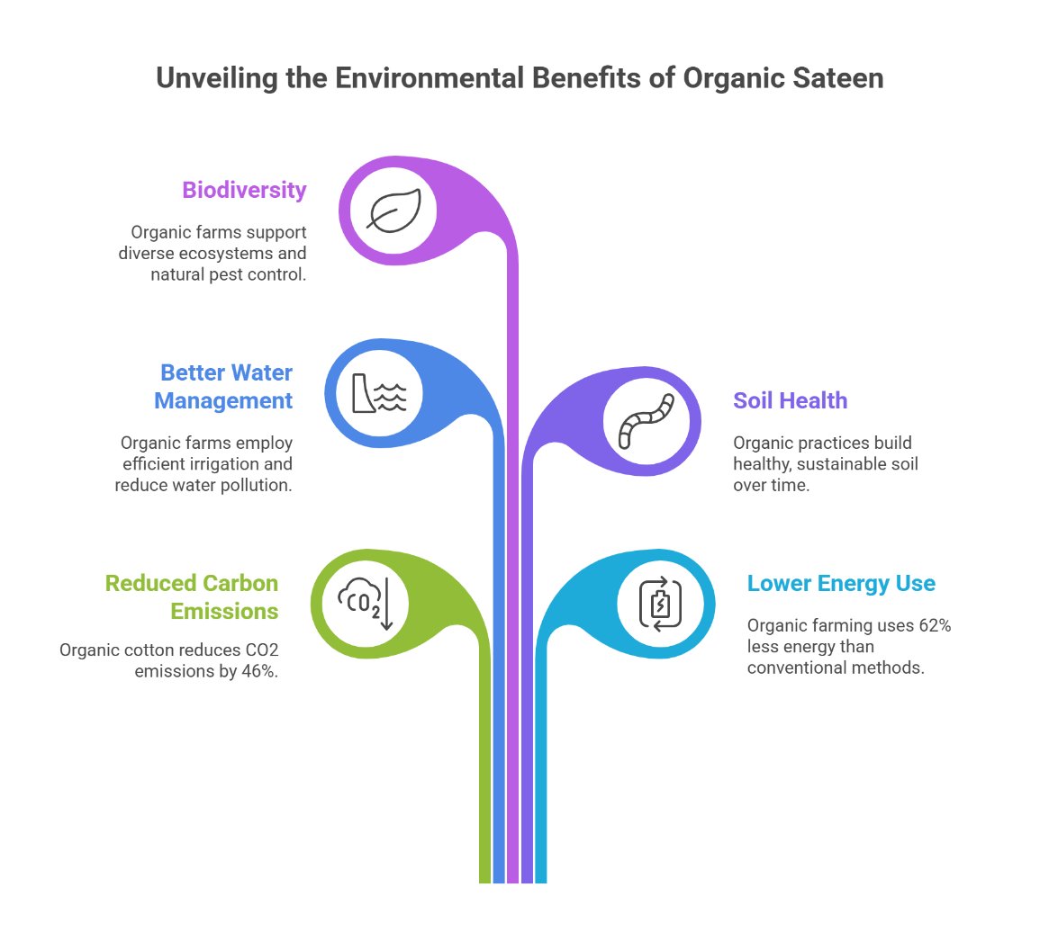 Infographic illustrating the environmental benefits of organic sateen including biodiversity, water management, soil health, carbon reduction, and lower energy use