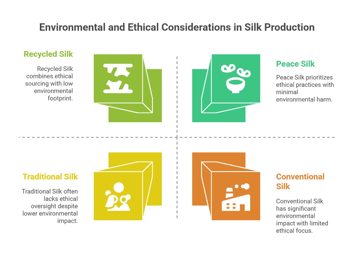 Infographic comparing recycled silk, peace silk, traditional silk, and conventional silk with their environmental and ethical impacts
