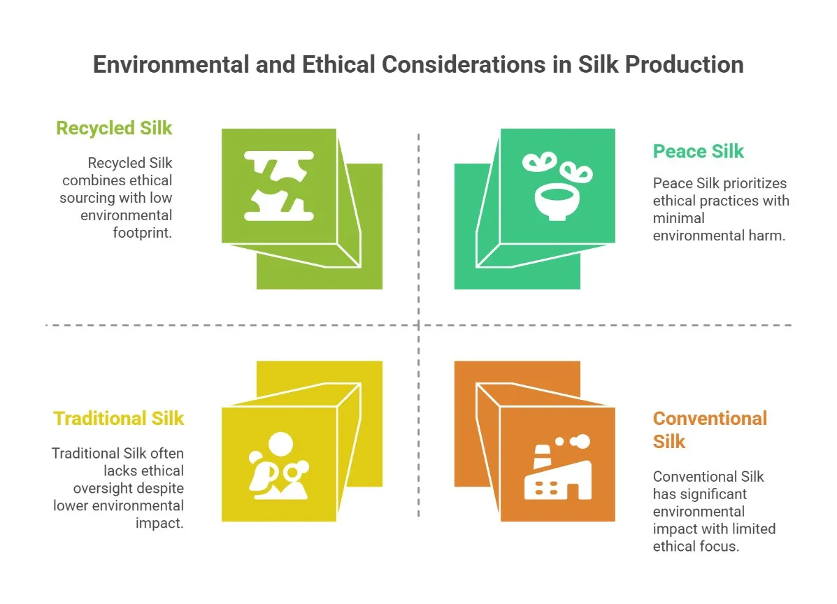 Infographic comparing recycled silk, peace silk, traditional silk, and conventional silk with their environmental and ethical impacts