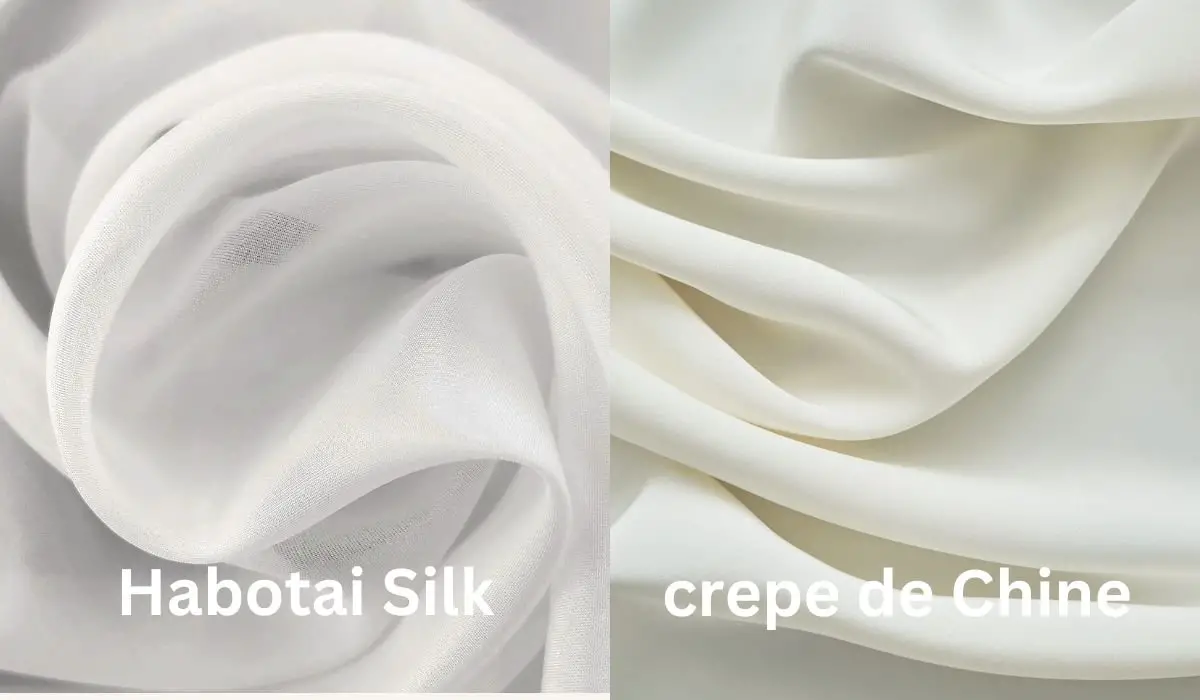 Comparison of white habotai silk and ivory crepe de Chine fabric with visible differences in texture and softness