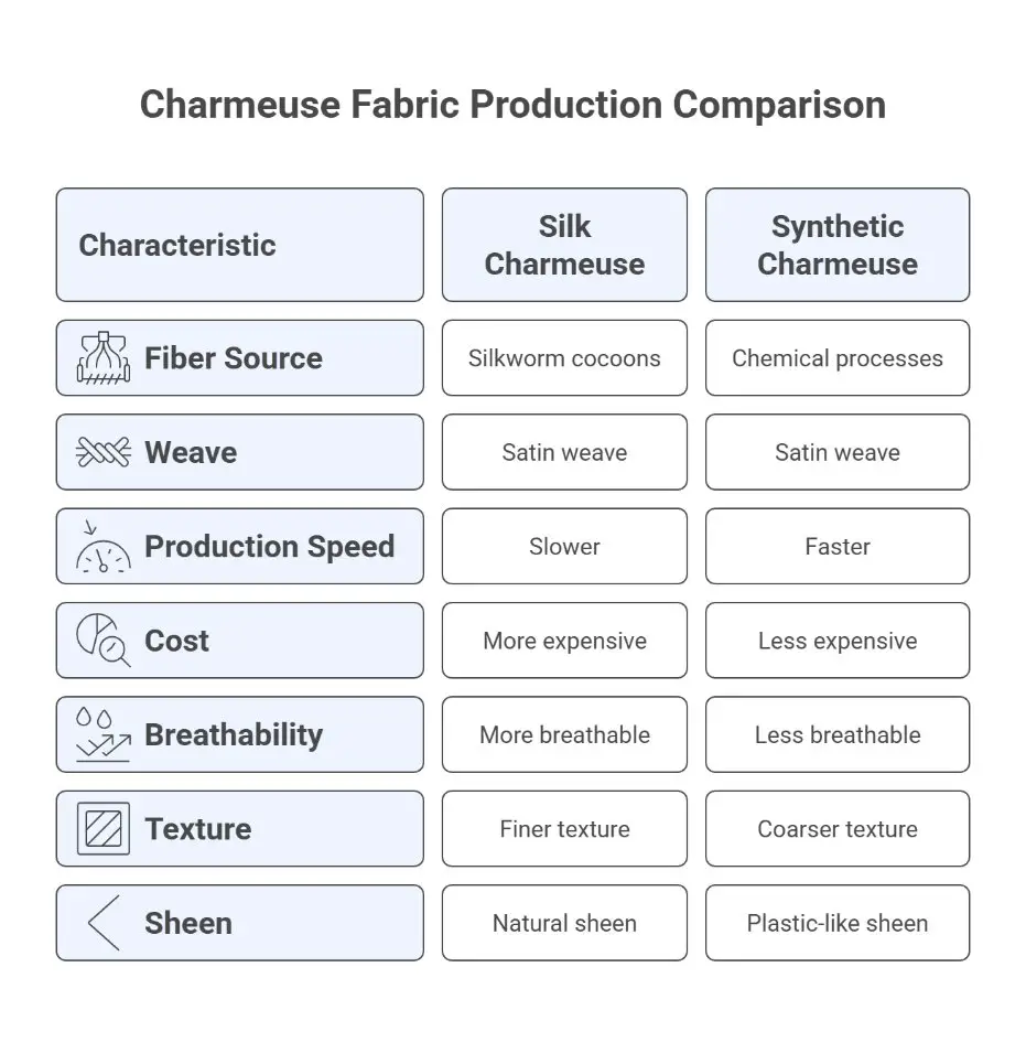 Infographic comparing silk charmeuse and synthetic charmeuse production based on fiber source, weave, breathability, texture, and sheen