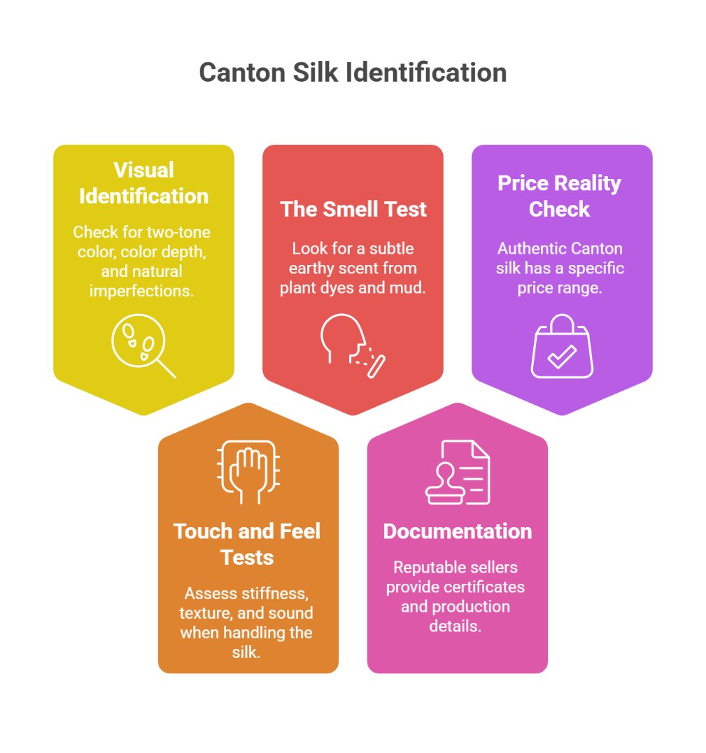 Infographic explaining how to identify real Canton silk through visual checks, smell test, touch test, documentation, and price evaluation