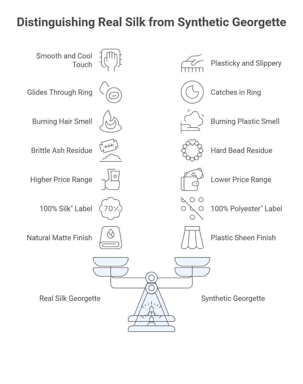 Infographic comparing real silk georgette and synthetic georgette through touch, burn, and visual tests