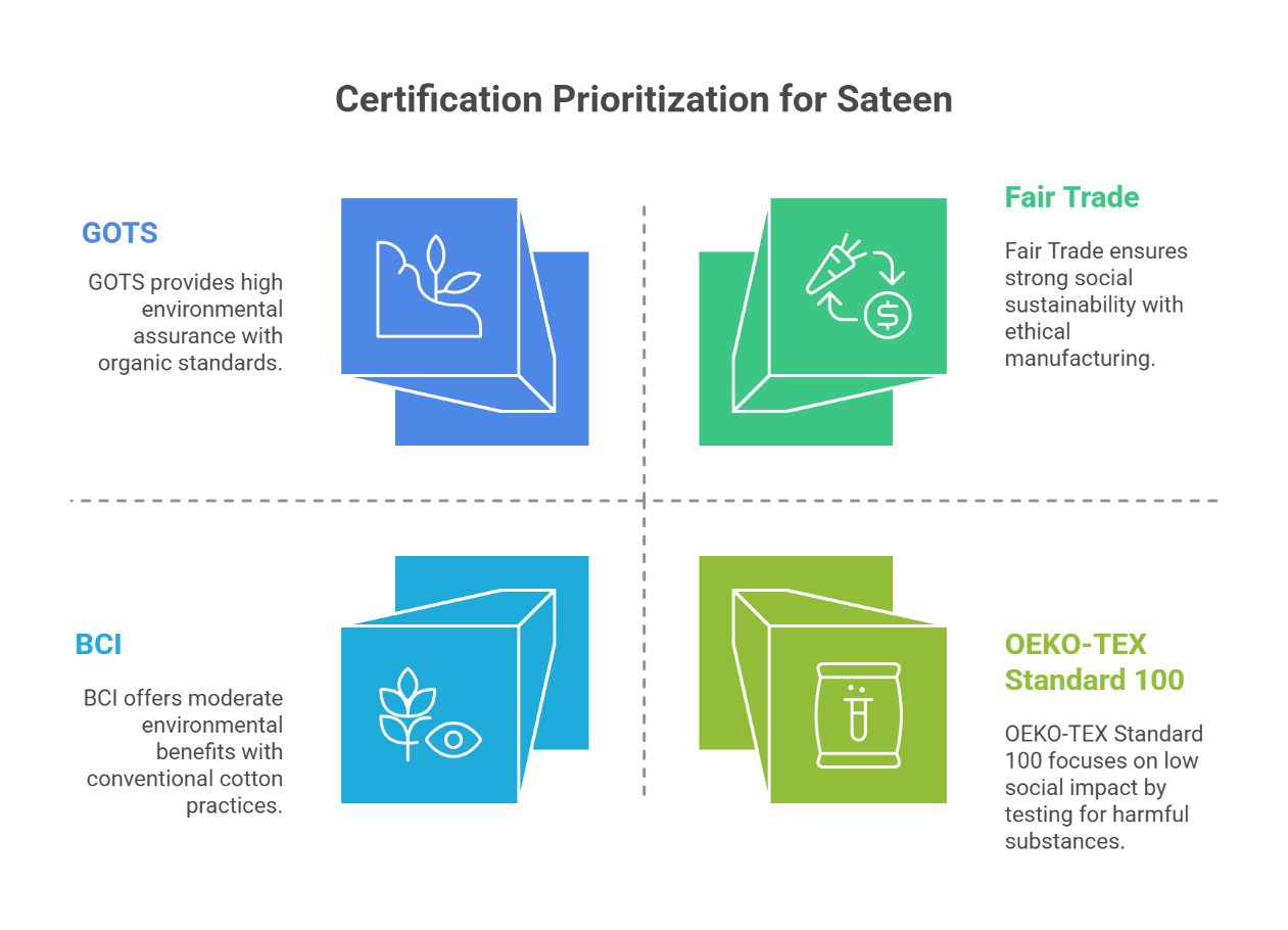 Infographic listing important certifications for sateen fabric including GOTS, Fair Trade, BCI, and OEKO TEX Standard 100