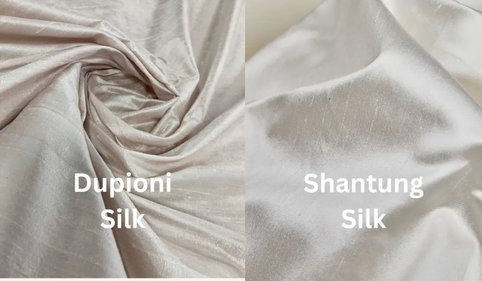 Dupioni silk compared with shantung silk to show differences in slubs and texture