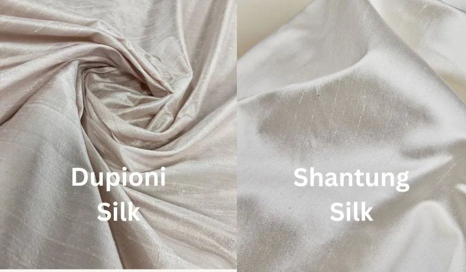 Dupioni silk compared with shantung silk to show differences in slubs and texture