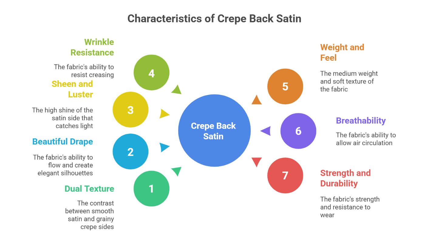 Infographic showing the key characteristics of crepe back satin including drape, texture, sheen, wrinkle resistance, weight, breathability, and durability