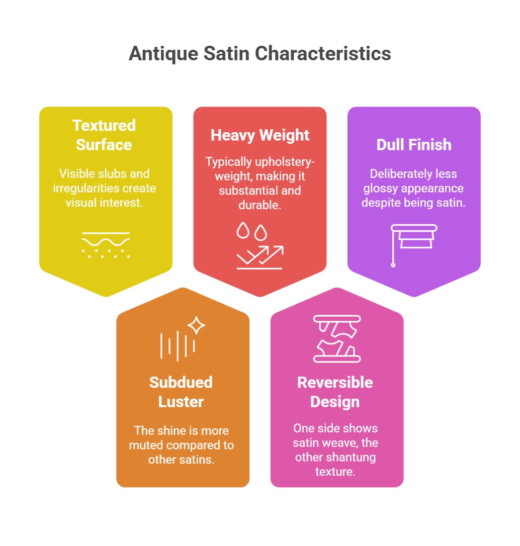 Infographic listing the characteristics of antique satin including textured surface, heavy weight, dull finish, subdued luster, and reversible design