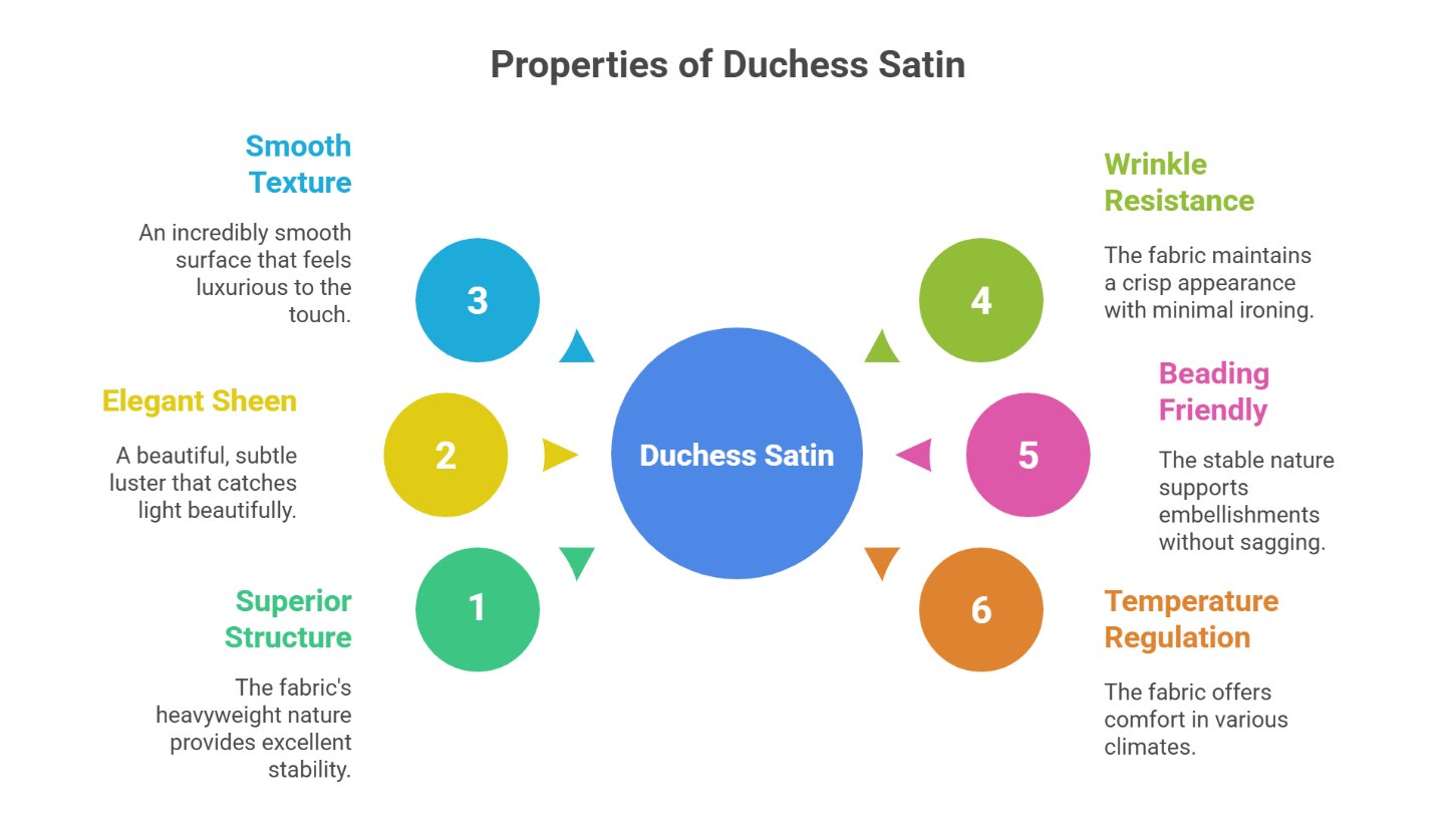 Infographic describing the main properties of duchess satin including sheen, structure, texture, and durability