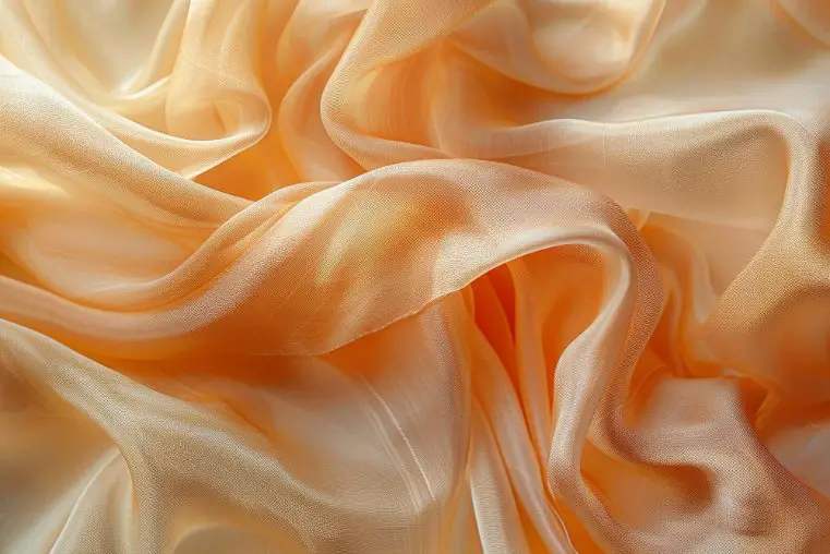 Close-up view of peach-colored organza fabric showing its sheer and shimmery texture