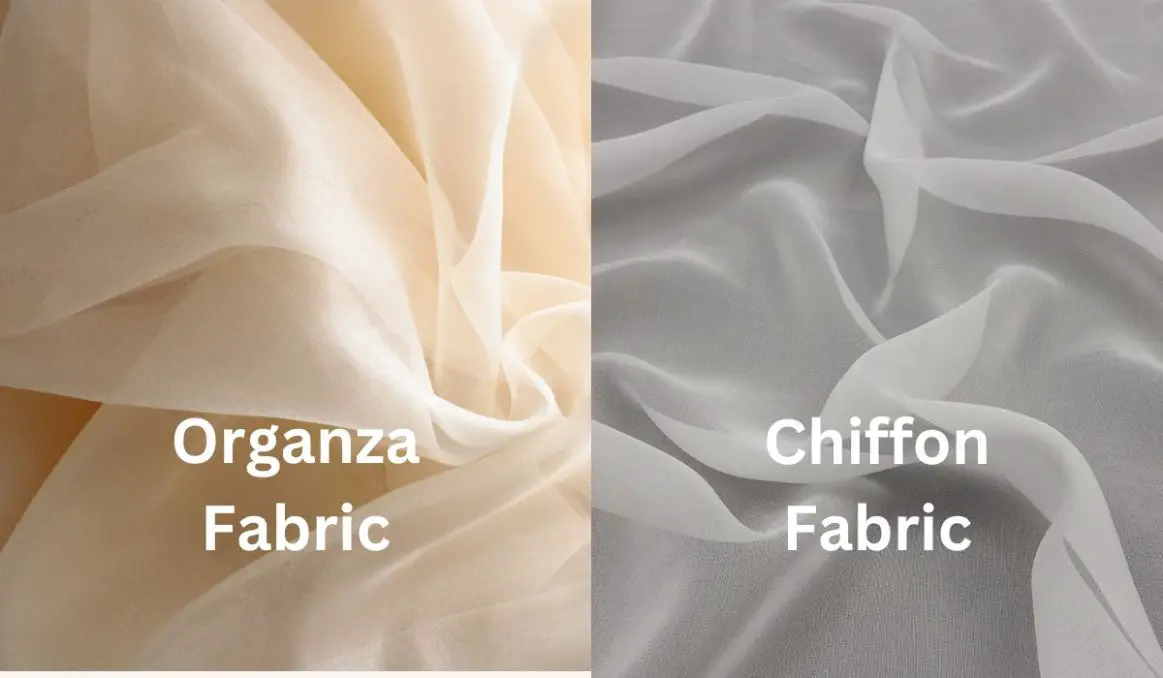 Side-by-side comparison of beige organza fabric and white chiffon fabric to show texture and transparency differences