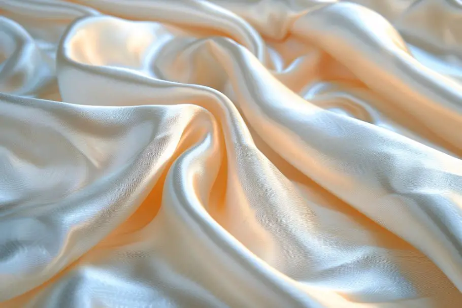 Cream coloured polyester charmeuse fabric with a glossy surface and lightweight drape