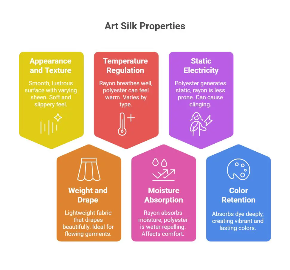 Infographic outlining key properties of art silk such as drape, color retention, texture, and moisture absorption