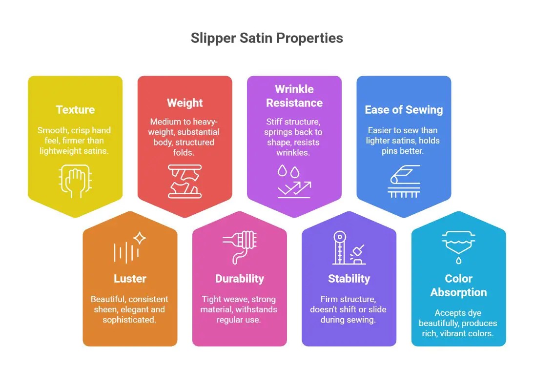 Infographic explaining slipper satin properties including texture, weight, wrinkle resistance, luster, durability, stability, ease of sewing, and color absorption