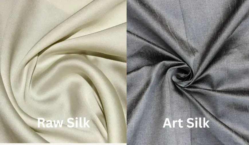 Side by side comparison of natural raw silk and synthetic art silk showing texture and sheen differences
