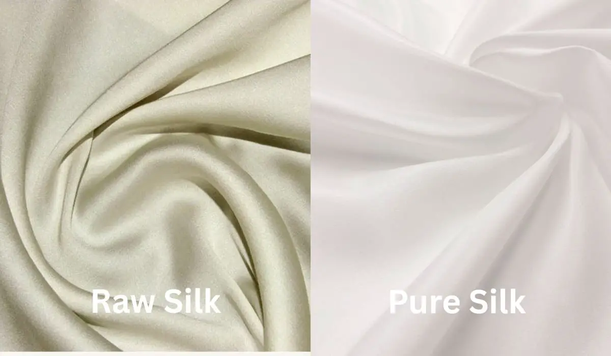 Side by side comparison of raw silk and pure silk showing differences in finish and smoothness