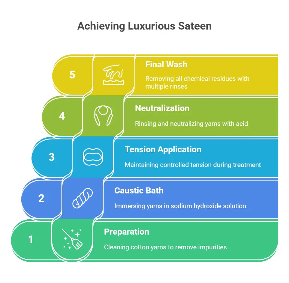 Infographic showing five steps of the sateen mercerization process including preparation, caustic bath, tension application, neutralization, and final wash