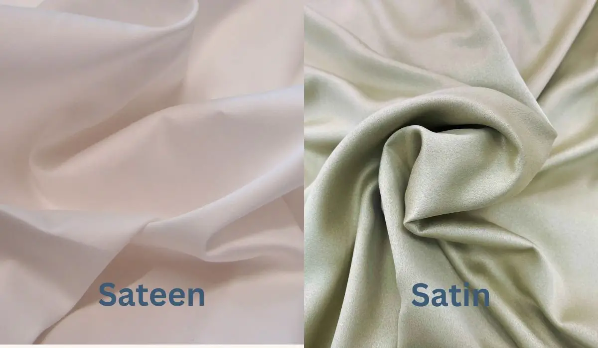 Side by side image showing cotton sateen fabric next to a shiny satin fabric to highlight differences in weave and luster