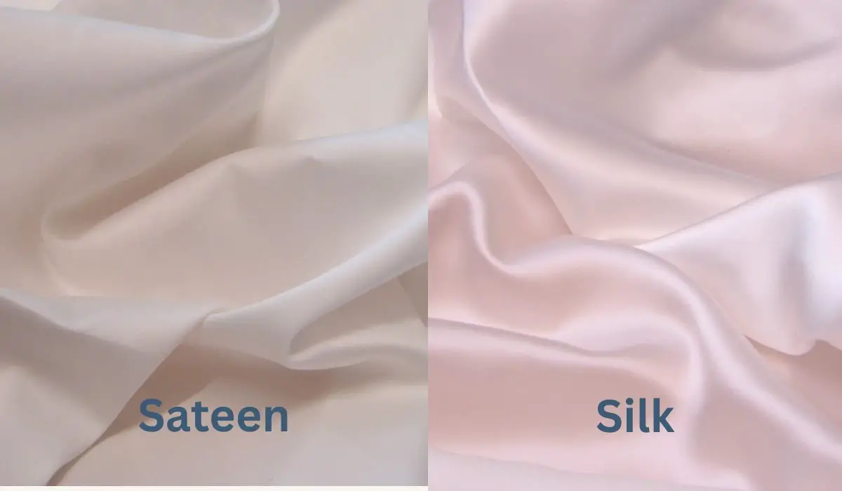 Side by side image comparing cotton sateen and silk fabric, showing the subtle sheen of sateen and the glossy shine of silk