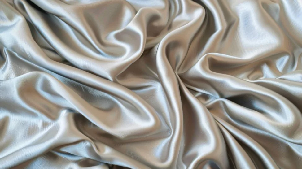 Silver satin fabric with smooth flowing folds and glossy highlights