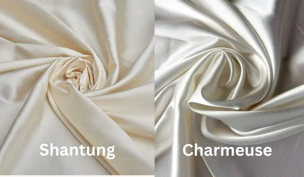 Side by side comparison of Shantung fabric and silk charmeuse showing differences in texture and shine