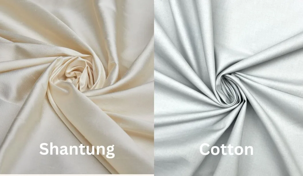 Comparison of Shantung fabric and cotton fabric highlighting texture and finish differences