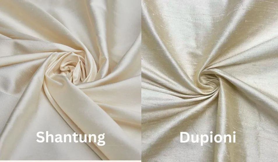 Side by side comparison of Shantung and Dupioni fabric showing differences in slubs and texture