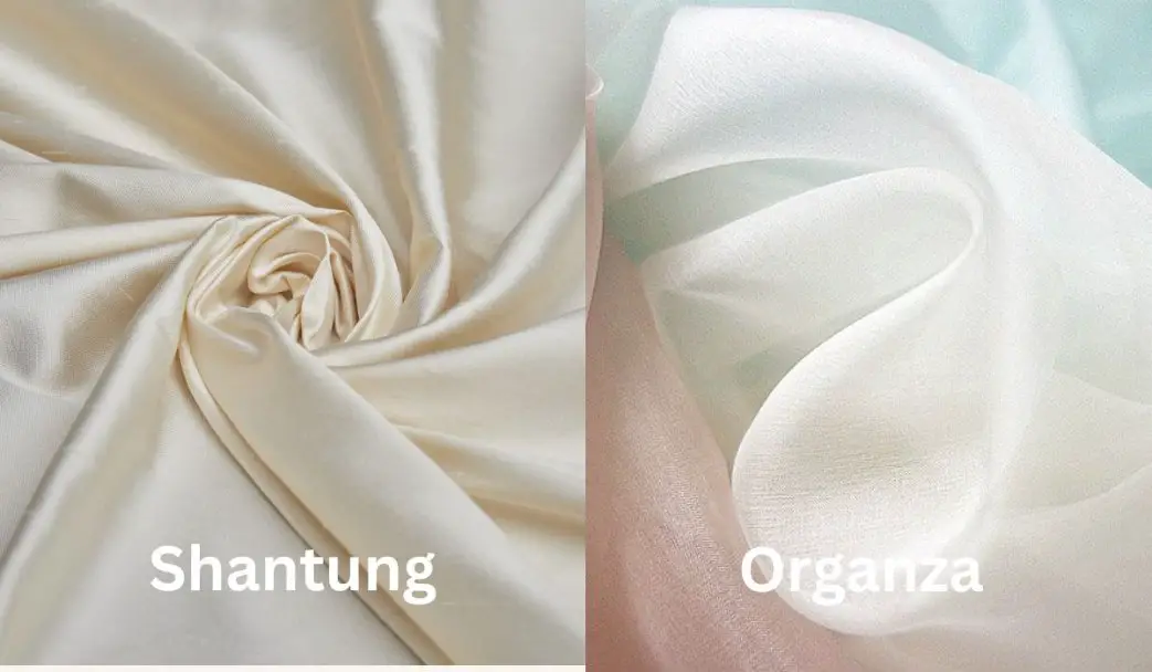 Comparison of Shantung fabric and sheer organza fabric showcasing differences in transparency and texture